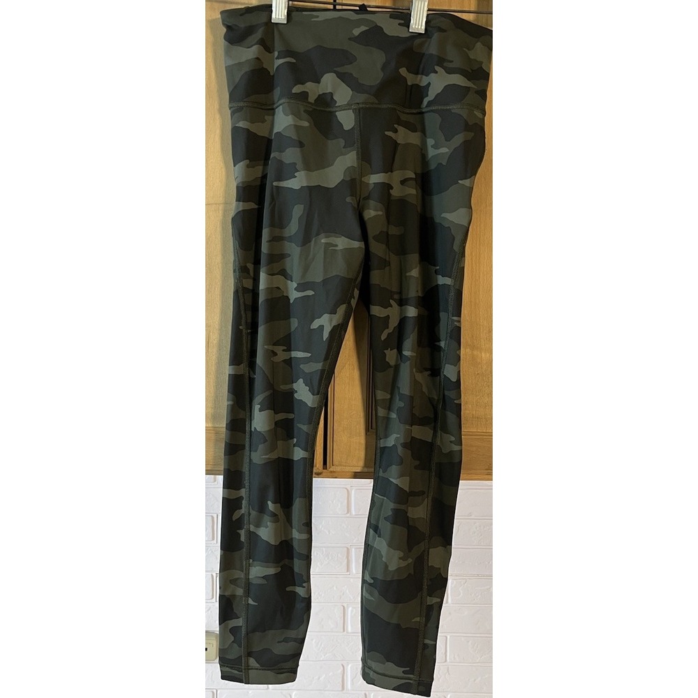 Athleta Leggings Women XL Green Camo High Rise Side Pocket Athletic Tights